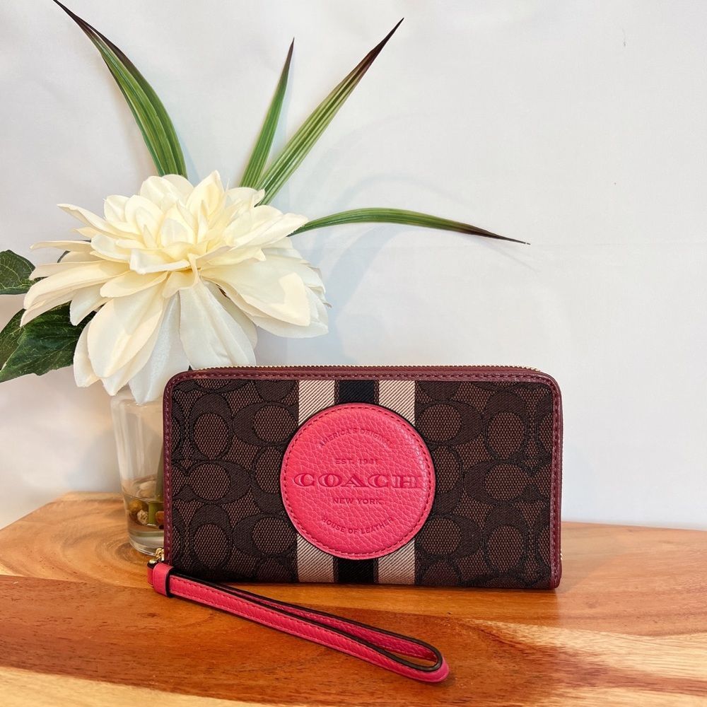 Coach Brown Signature Wallet with Pink Accent